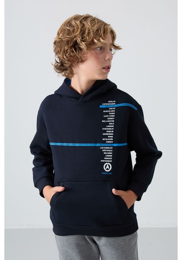Tommy Life Lacivert Pamuklu Kalın İçi Tüylü Yumuşak Dokulu Standart Fit Baskılı Erkek Çocuk Sweatshirt - 11239 Lacivert