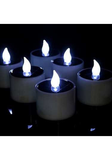 Hfambition 6 Adet Güneş Enerjili Fakatlı Mumlar, Dış Mekan Dekorasyonu, Partiler İçin Canlı Parıltı Efekti, Soğuk Beyaz Flşer Soğuk Beyaz