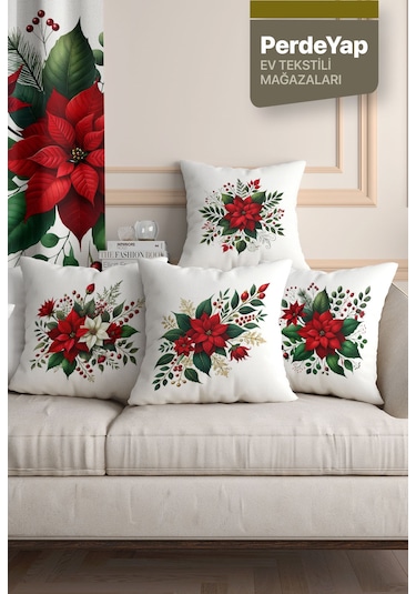 Kırmızı Güller Bahçesi Desenli 4'lü Kırlent Kılıfı