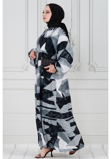 Yarasa Kol Cam Kırığı Viskon Elbise-gri-3805 - Gri