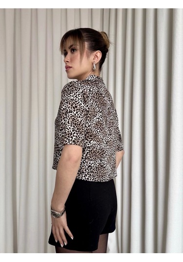 Leopar Desenli Crop Gömlek Kahve