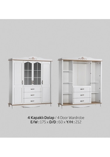 Dolap Urlu FLORA Model Kayın torna yüksek ayak beyaz 4kapı Kalite malzeme El Yapımı