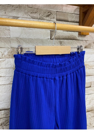 Aysbebe Bağcıklı Bluz + Bol Paça Fitilli Kumaş Pantolon Kız Çocuk Yazlık Takım Beyaz - Mavi 2254
