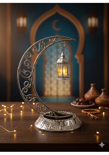 Dodomar 28 Cm Ramazan Dekoratif Masa Üstü Led Lamba Seti - Gümüş Hilal - Kancalı Diğer