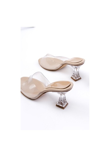 S-619 Bej Rugan Şeffaf Bantlı Şeffaf Topuklu Yuvarlak Burunlu Kadın Terlik Renksiz