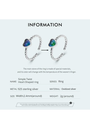 Wostu 925 Ayar Gümüş Duygu Taş Renk Değişimi Kalp Ayarlanabilir Yüzük Platin Kaplama Kadınlar İçin Parti Güzel Takı