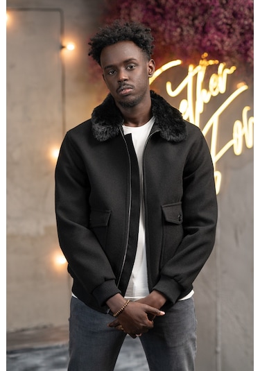 Slimfit Kürklü Sabit Yaka Beli Lastikli Astarlı Kaşe Mont Siyah