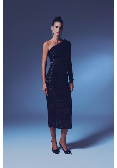 Tek Kollu Payet Elbise - Siyah-135363 Siyah