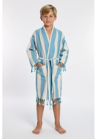 Çocuk Striped Peştamal Bornoz %100 Pamuk Unisex Mavi