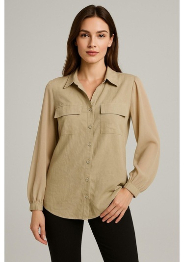 Kadın Bej Şifon Kol Gömlek - Düğmeli, Şık Ve Zarif Tasarım Günlük Ve Ofis Kullanımına Uygun Çok Renkli