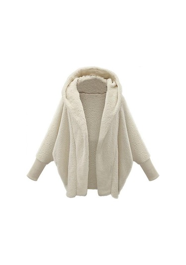 Sonbahar Ve Kış, Kadın Giyim Düz Renk Uzun Kollu Kapşonlu Bol Peluş Ceket Kadın Beyaz