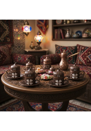 Yonca Desenli 6 Kişilik Porselenli Kapaklı 24 Parça Bakır Renk Fincan Seti Bakır