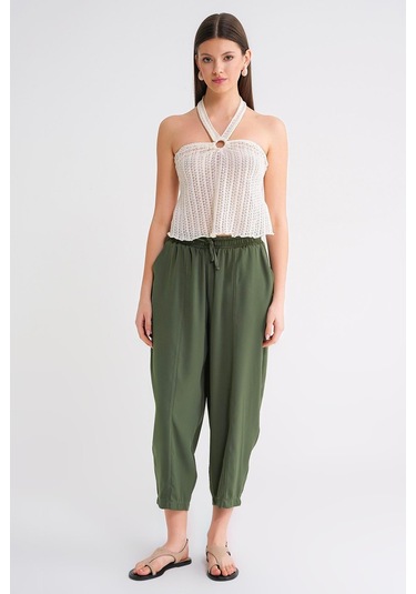 4307 Kadın Beli Lastikli Parçalı Şalvar Pantolon Haki Haki