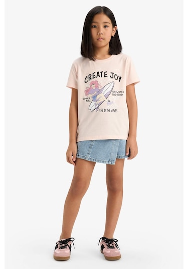 DeFacto Kız Çocuk Bisiklet Yaka Anime Baskılı Kısa Kollu Tişört E0350A825SMPN447 Pembe