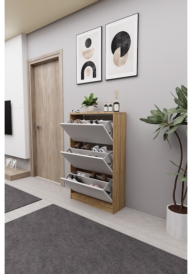 Mirobi Kembe 3 Bölmeli Açılır Modern Dekoratif Ayakkabılık Çam - Beyaz