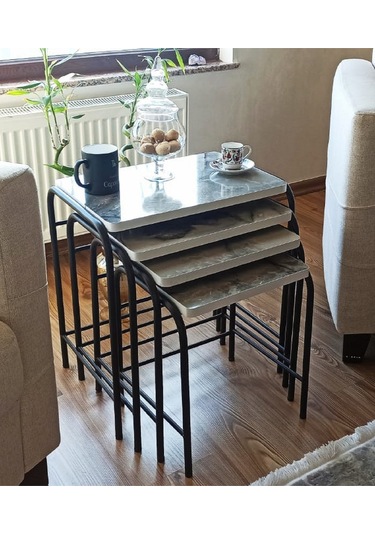 Milano 3d Parlak Sunta Metal Statik Siyah Ayaklı 4'lü Zigon Sehpa Üreticiden E1 Tse Mermer