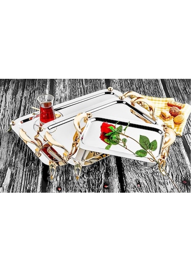 Özlife Gold Ayaklı Paslanmaz Çelik Tepsi - Çay Servis Tepsisi Ort
