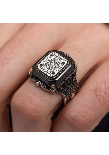 Süleyman Mührü Kare Desenli 925 Gümüş Erkek Yüzük