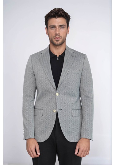 Siyah Balıksırtı Desenli Gold Renk Metal Düğmeli Slim Fit Erkek Blazer Ceket - Wessi Black