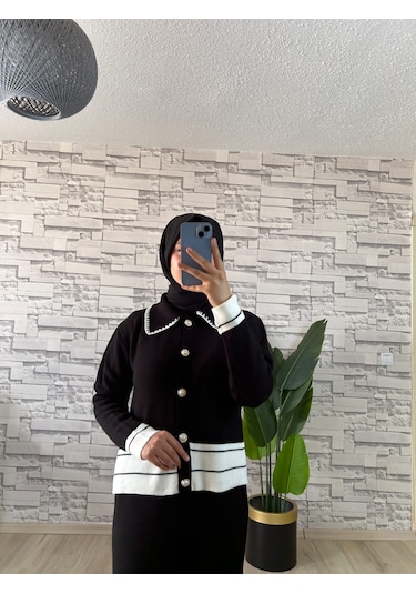 İnci Düğme Detaylı Triko İkili Takım Siyah Beyaz Siyah - Beyaz