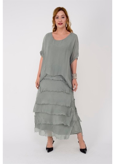 İtalyan 2 Beden İnce Gösteren Yarım Kol Kat Kat Ipek Elbise Açık Haki