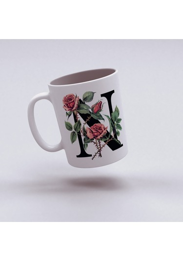 N Baş Harf Kırmızı Güller İle Sarılı Bardak 330 Ml Kişiye Özel Çiçekli Hediye Beyaz