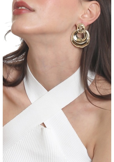 Labalaba Kadın Yaprak Dokulu Çivili Model Çanta Formlu Küpe - Altın Antrasit