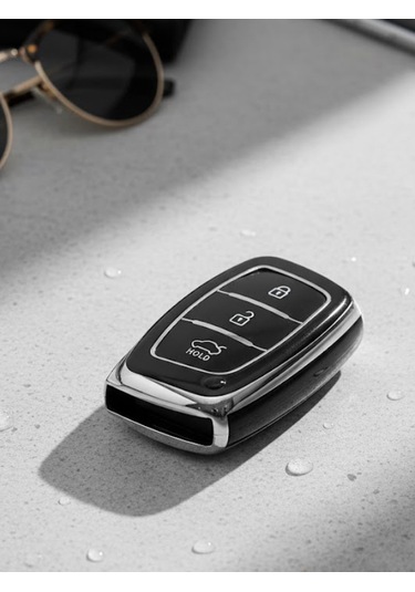 Hyundai Accent Kona Santa Fe İoniq Solaris Elentra İ10 İ40 İx30 İx35 3 Buton Nano Anahtar Kılıfı Siyah-gümüş