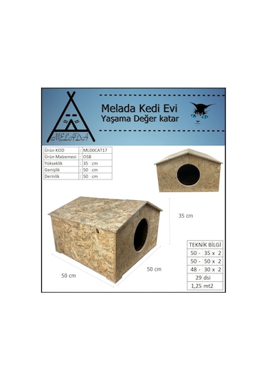 Melada Kedi Evi Dış Ortam Uygun Ahşap Kedi Evi Osb 50x50x35 Cm