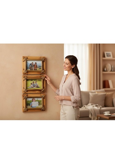 El Yapımı Doğal Ahşap 3 Lü Bambu Bamboo Fotoğraf Çerçevesi Dekoratif Ev Ofis Hediyesi Duvar Süsü - 2