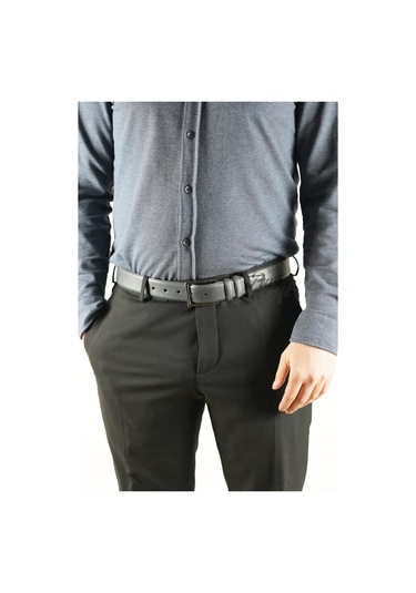 Parscraft Hakiki Deri Erkek Kemer 3.5 CM Antrasit Siyah Klasik Kumaş Kemeri Siyah