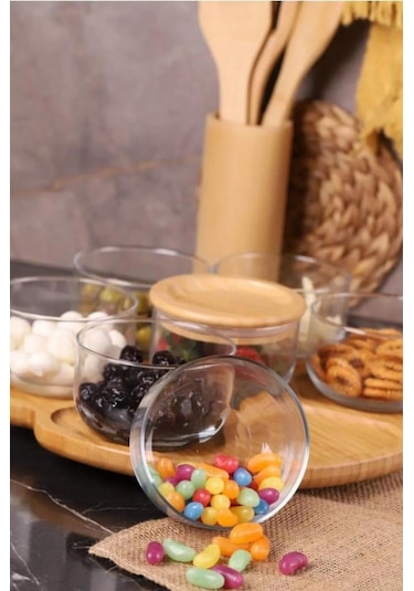 Duo - 7'li Dönen Tepsili Bambu Silikonlu Kapaklı Hava Aldırmaz Cam Kahvaltılık 300 Ml Kahverengi