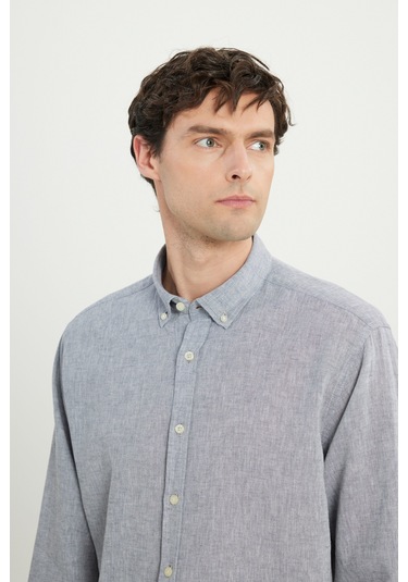 AC&Co / Altınyıldız Classics Erkek Grı Comfort Fit Rahat Kesim Düğmeli Yaka Keten Gömlek Gri