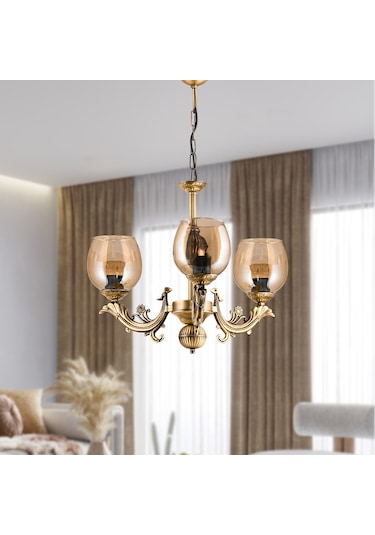 Dede Üç Kollu Sava Zamak Avize Bal Rengi Camlı Eskitme Bal