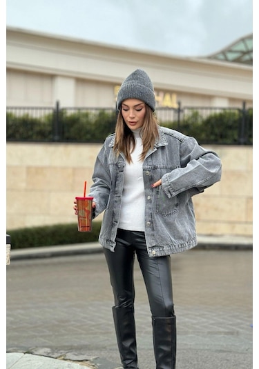 Kadın Gri Apaş Yaka, Çift Cepli, Kaliteli Jeans Kumaş, Salaş Kot Ceket Antrasit