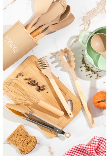 Porsima 3164 Standlı Bambu Silikon 11 Parça Servis Takımı Seti Kapicino