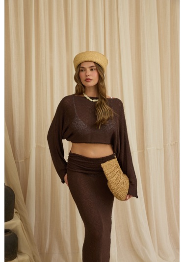 Mai Collection Naval Kahve Crop Etek Triko Takım