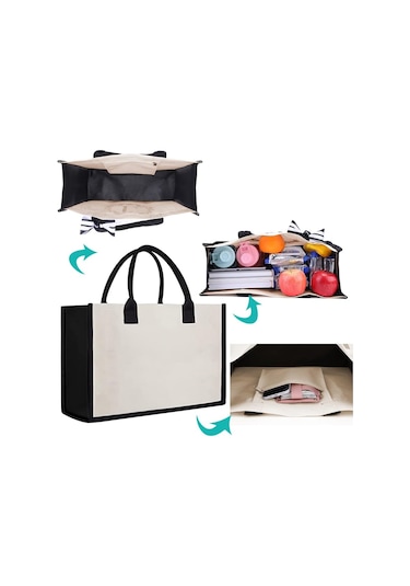 Tuval El Çantası Mektuplar Çiçek Taşınabilir Plaj Omuz Alışveriş Tote Çanta W A433 Siyah