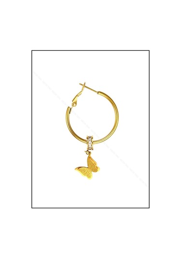 Sallantılı Kelebek Figürlü, Paslanmaz Çelik Küpe 45, Altın Renk Altın