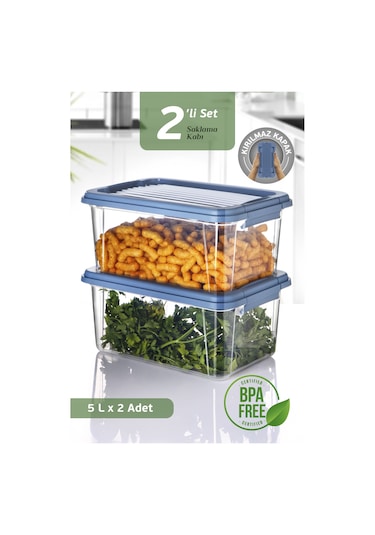 2'li 5 Lt Un Bakliyat Erzak Saklama Kabı Seti - Banyo Düzenleyici Deterjanlık Saklama Kutusu 2x5l Mavi