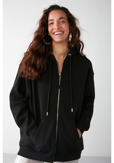 Alena Kadın Basic Kanguru Cepli Oversize Organik Pamuk Fermuarlı Kapüşonlu Siyah Sweatshirt
