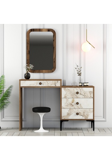 Lizbon Makyaj Masası Aynalı - Ceviz / Beyaz Mermer