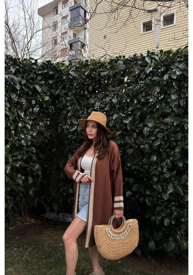 Kadın Kahve Müslin Kumaş, Hasır Şerit Detaylı Salaş Kimono Ceket Kahve