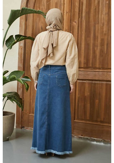 Neways 2252-Denim Püsküllü  Etek Koyu Mavi