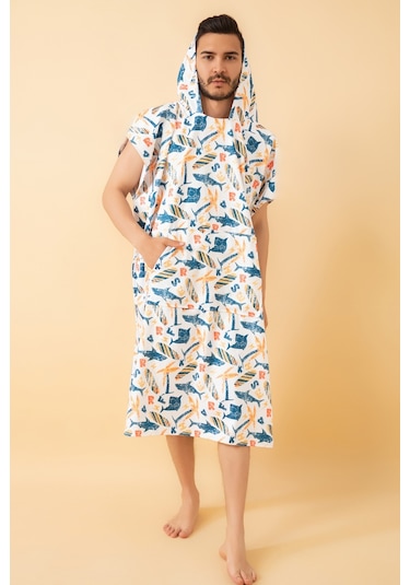 Shark Yetişkin Sörf Panço Kapüşonlu Plaj Havlusu Sm Beden