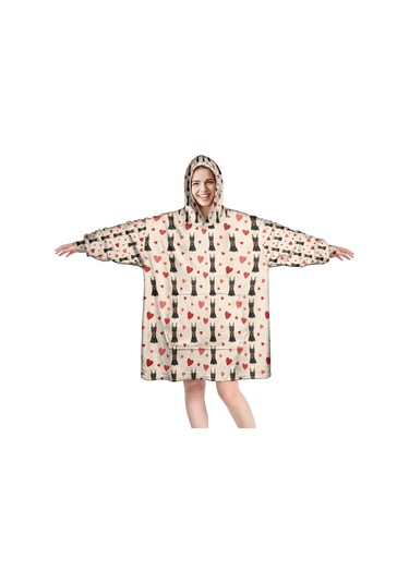 Doberman Desenli Giyilebilir Battaniye Hoodie, Unisex, Kalın, Cepli-a3 Doberman Heart Layered