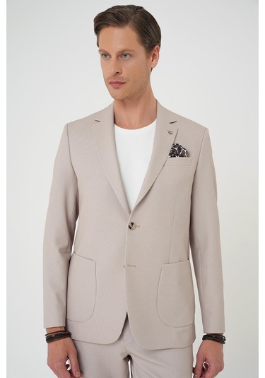 Comfort Fit Mono Yaka Çift Yırtmaç Torba Cep Kendinden Desenli Casual Bej Ceket C 705 Bej