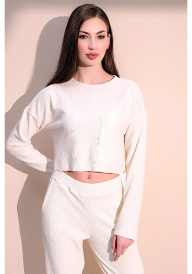 Kadın Ekru Uzun Kol Kendinden Dokulu Cepli Crop Sweatshirt, Salaş Kesim Bluz Ekru