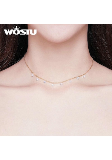 Wostu Otantik 925 Ayar Gümüş Küçük Zirkon Kolye Basit Tasarım Kolye Gümüş