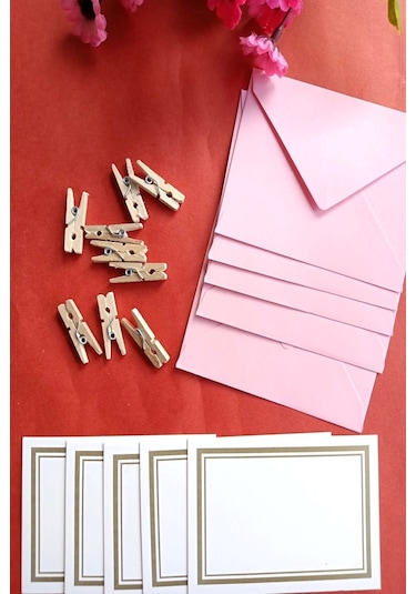 Pembe 20 Adet Mandallı Zarflı Not Kartı Seti- Hediye Kartı